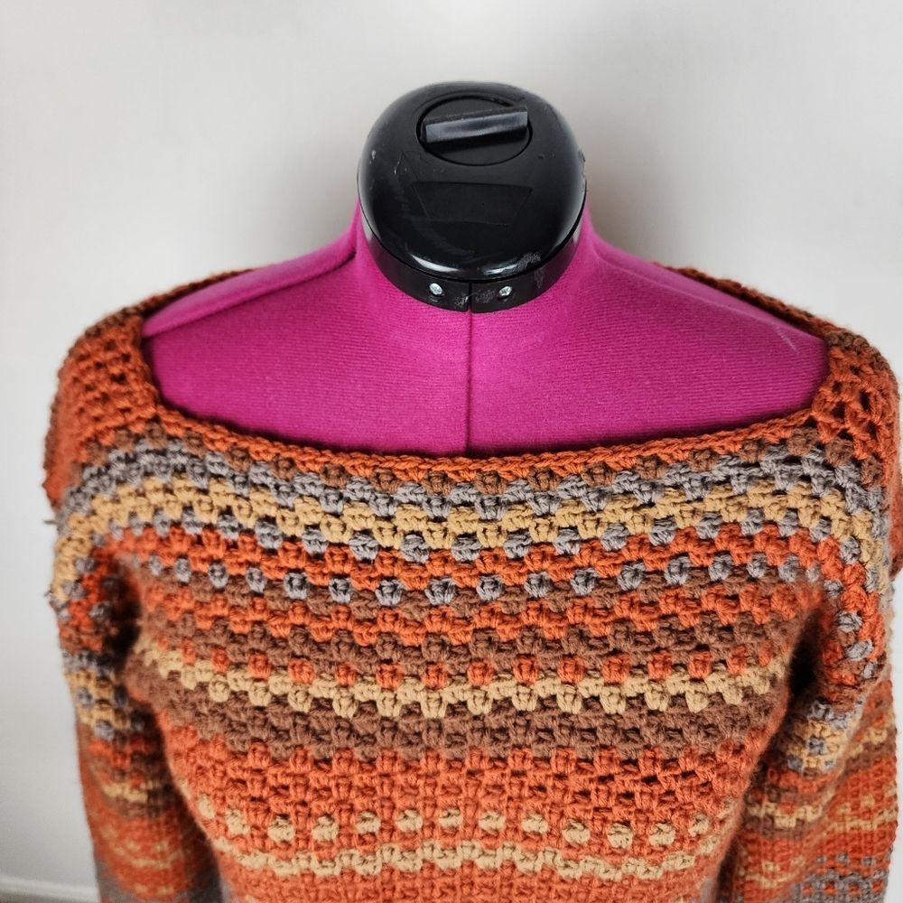 New Handmade Crochet Crop Sweater Boho Multicolor Striped Boat Neck Pullover OS - Picture 11 of 15